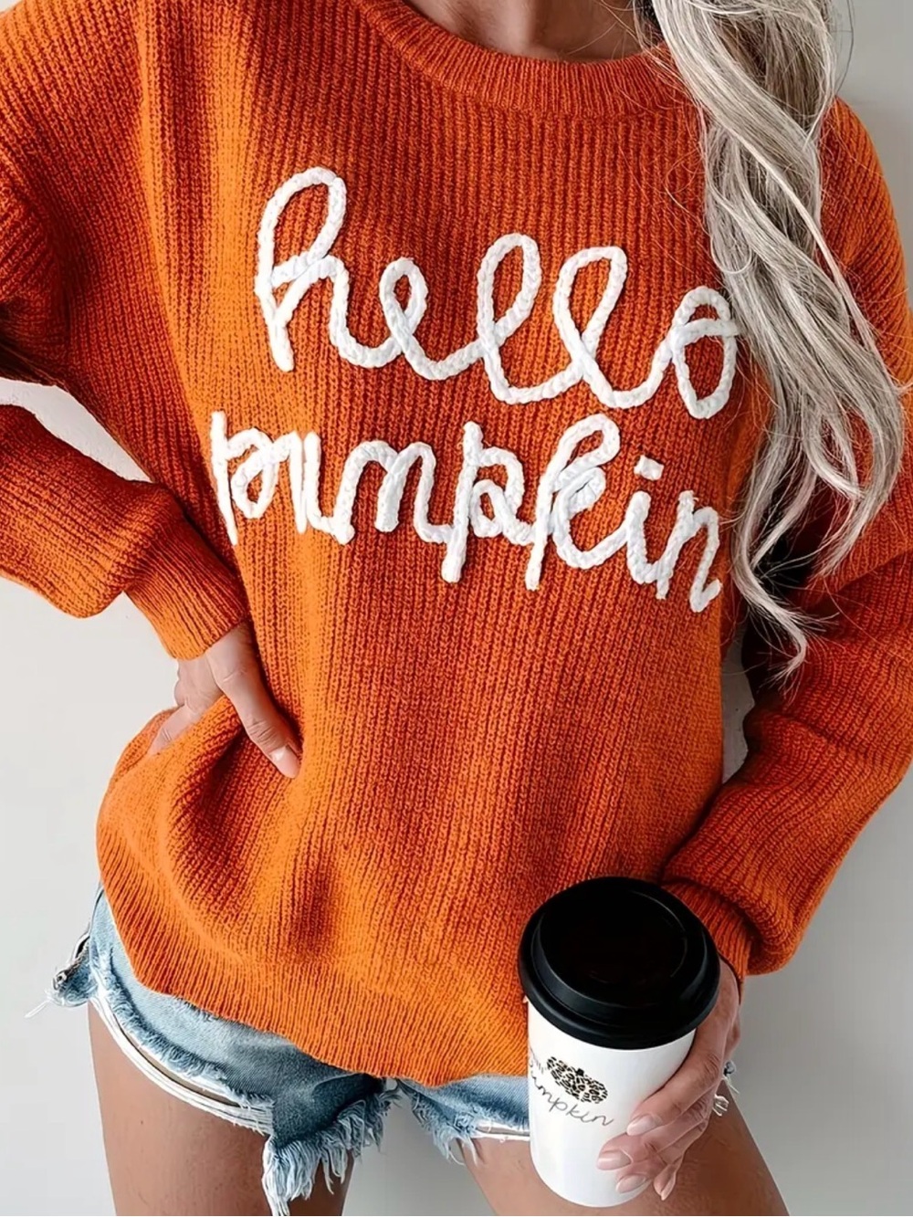 Hello Pumpkin Orange Fall Sweater – Size Medium